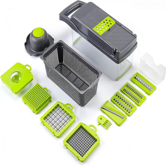 Razatoare Multifunctionala13 in 1 VarioShop®, pentru legume si fructe + Timer Pentru Fiert Oua, 8 taieturi, accesorii pentru tocat, maruntit, feliat, separator de oua, lame de inox, 28 x 13 cm, verde [39]
