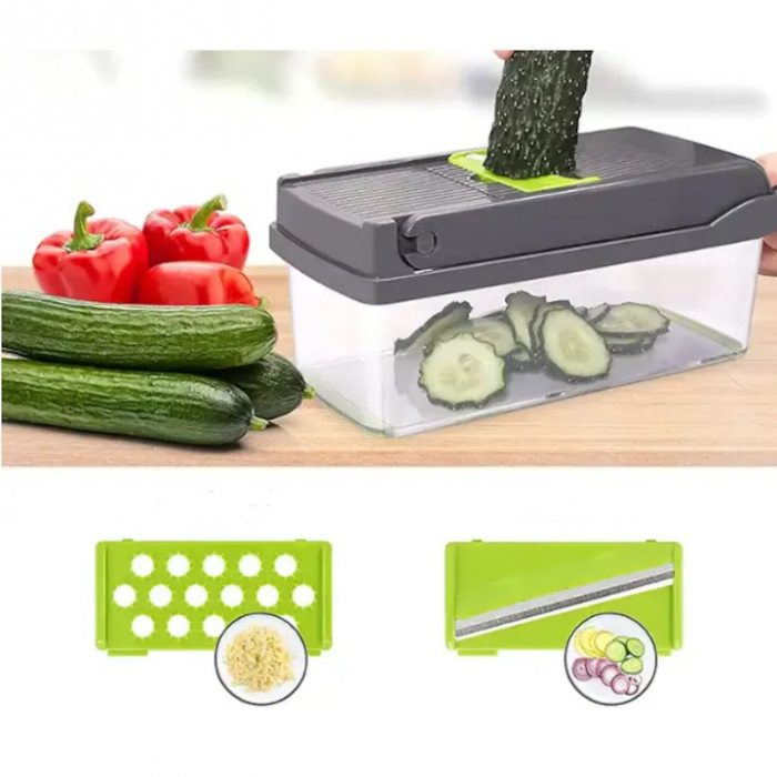 Razatoare Multifunctionala13 in 1 VarioShop®, pentru legume si fructe + Timer Pentru Fiert Oua, 8 taieturi, accesorii pentru tocat, maruntit, feliat, separator de oua, lame de inox, 28 x 13 cm, verde [37]