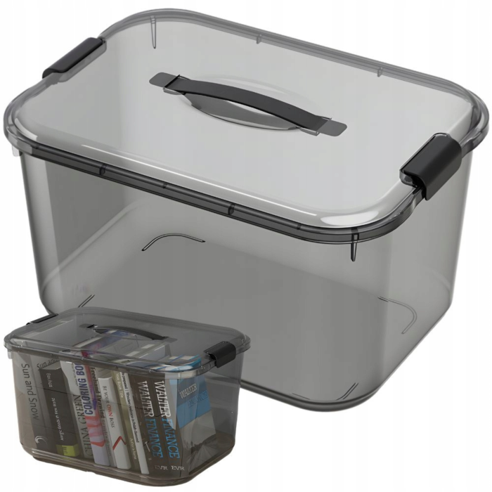 Recipient plastic depozitare VarioShop®, pentru uz casnic, cu capac, maner si clipuri laterale, capacitate 20 L, 37,5 x 27 x 20,5 cm, negru [7]