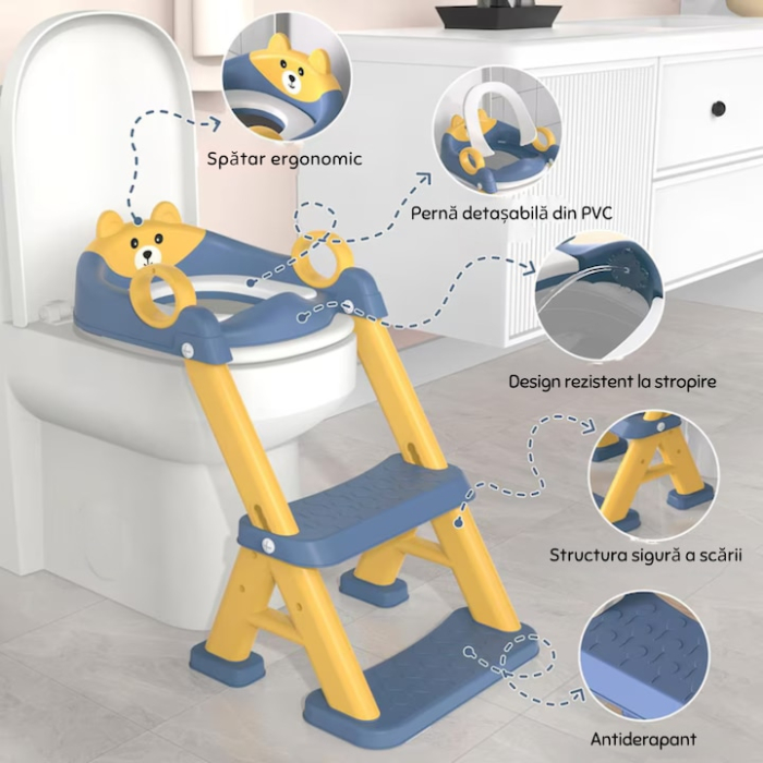 Reductor WC cu Scara 2 in 1 VarioShop, reglabil pe 6 niveluri, scaun moale impermeabil, pliabil, pentru copii [8]