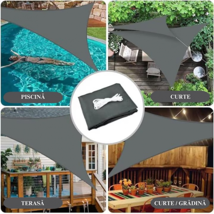 relata/Copertina de soare triunghiulara VarioShop®, impermeabila, cu protectie UV, pentru gradina, terasa, piscina si camping, material rezistent, 3x3x3m, gri [2]