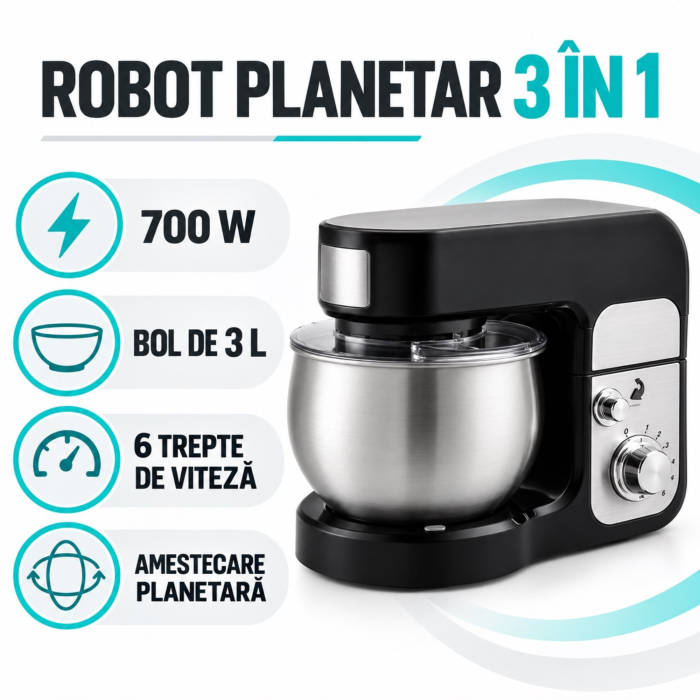 Robot de bucatarie cu bol VarioShop®, 700W, pentru aluat, creme si prajituri, capacitate 3L, 6 viteze, accesorii incluse [3]