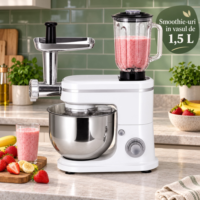 Robot de bucatarie multifunctional 3 in 1 VarioShop®, 1500 W, blender 1,5 L, masina de tocat carne si mixer cu bol inox 6 L, 6 viteze, accesorii incluse, alb [7]
