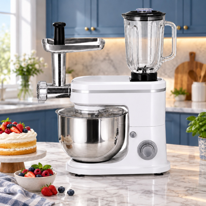 Robot de bucatarie multifunctional 3 in 1 VarioShop®, 1500 W, blender 1,5 L, masina de tocat carne si mixer cu bol inox 6 L, 6 viteze, accesorii incluse, alb [8]
