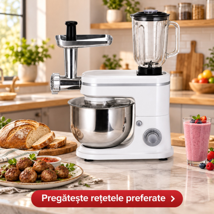 Robot de bucatarie multifunctional 3 in 1 VarioShop®, 1500 W, blender 1,5 L, masina de tocat carne si mixer cu bol inox 6 L, 6 viteze, accesorii incluse, alb [5]