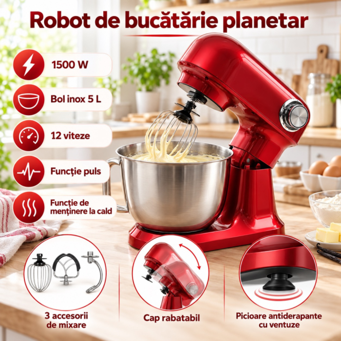 Robot de bucatarie planetar VarioShop®, 1500 W, bol inox 5 L, 12 trepte de viteza, functie PULSE, 3 accesorii de mixare, rosu [2]