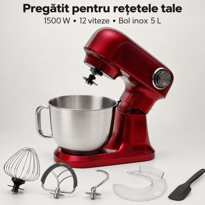 Robot de bucatarie planetar VarioShop®, 1500 W, bol inox 5 L, 12 trepte de viteza, functie PULSE, 3 accesorii de mixare, rosu [3]