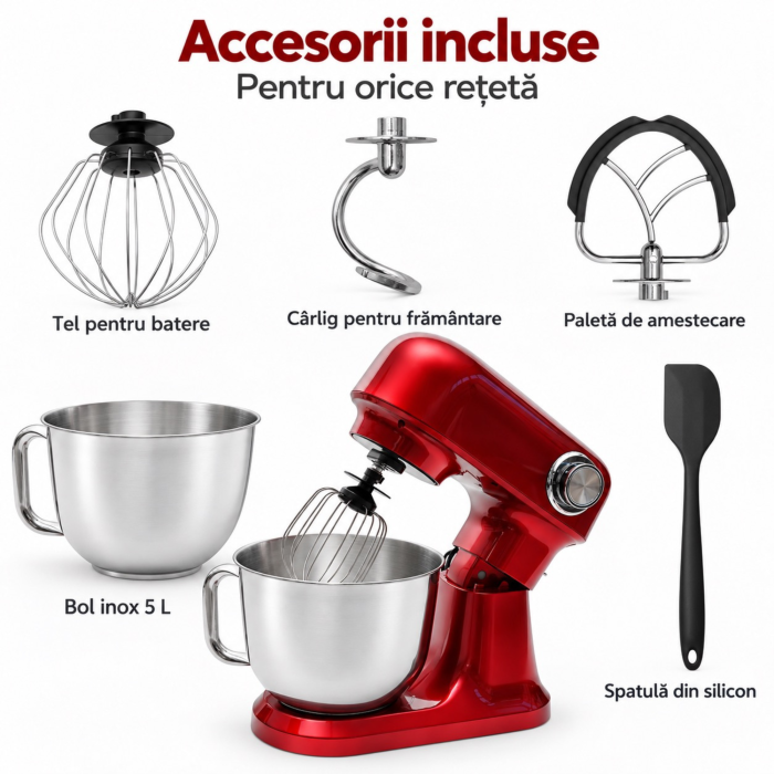 Robot de bucatarie planetar VarioShop®, 1500 W, bol inox 5 L, 12 trepte de viteza, functie PULSE, 3 accesorii de mixare, rosu [6]
