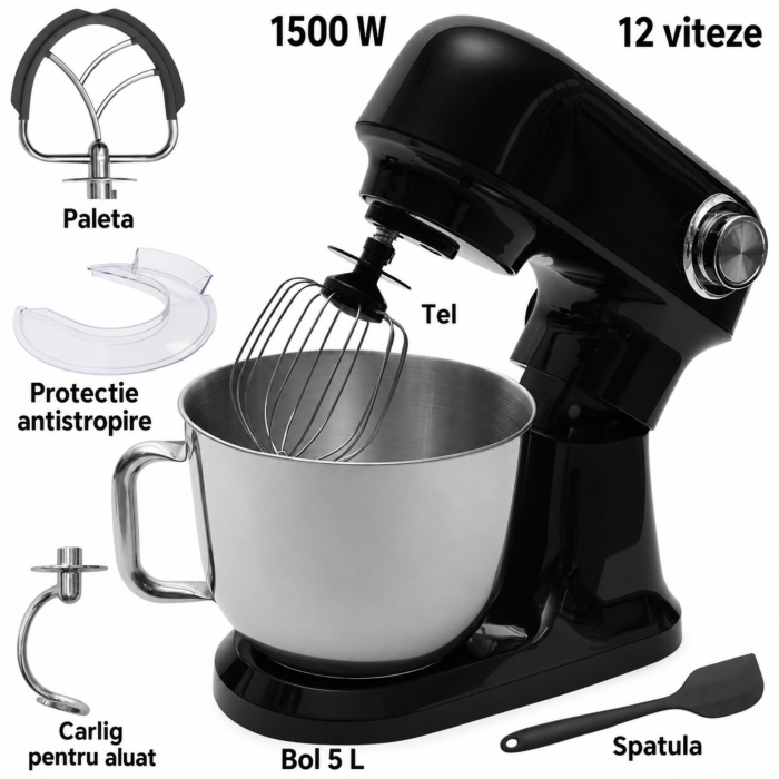 Robot de bucatarie planetar VarioShop®, 1500W, bol inox 5L, mixer multifunctional pentru aluat, creme si frisca, 12 viteze, negru [7]