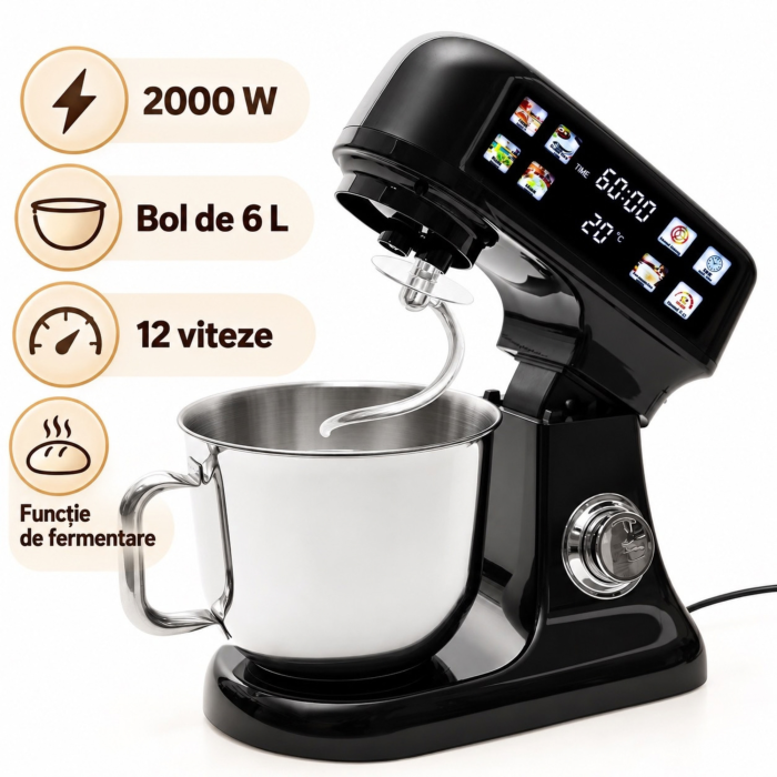 Robot de bucatarie planetar VarioShop®, 2000W, bol inox 6L, mixer multifunctional pentru aluat, creme si frisca, cantar electronic, functie de fermentare, negru [7]