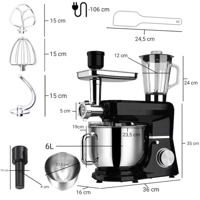 Robot de bucatarie planetar Varioshop 5 in 1, 3200W, bol 6L, mixer multifunctional pentru framantare, mixare, batere si tocare carne, negru cu argintiu [6]