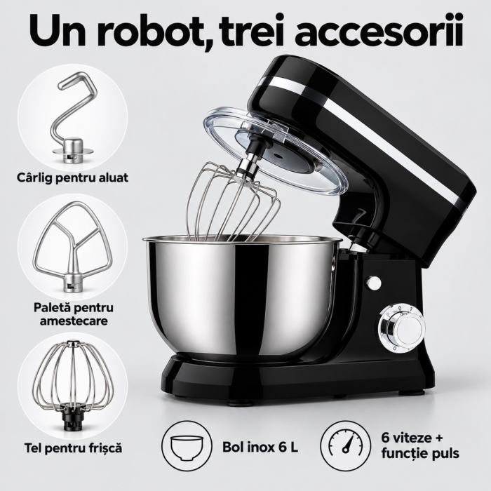 Robot de bucatarie planetar VarioShop®, 3200W, mixer cu bol 6 L, pentru framantat aluaturi, preparat creme si frisca, 6 viteze, functie Pulse, 3 accesorii incluse, capac antistropire, negru-argintiu [7]