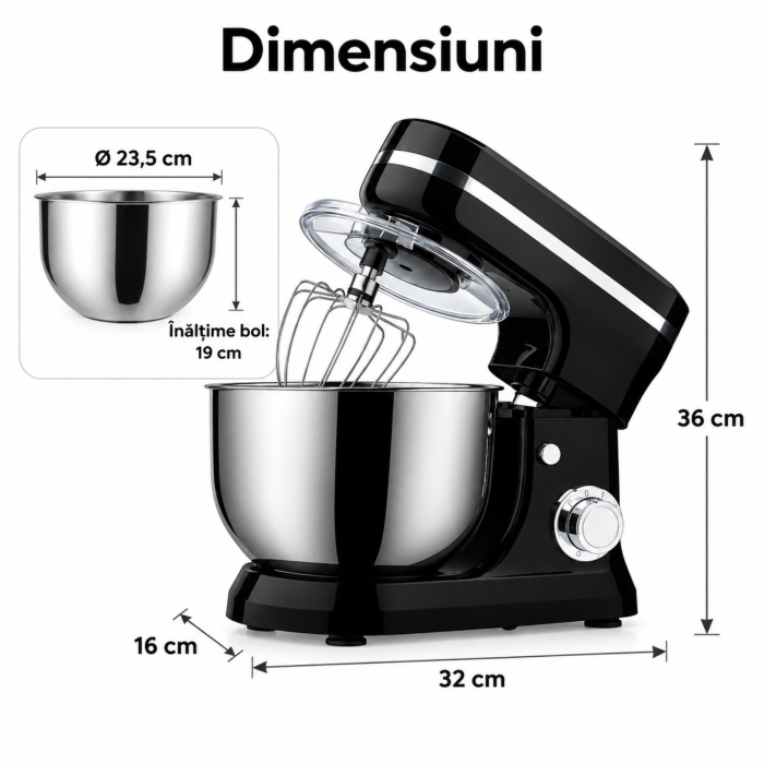 Robot de bucatarie planetar VarioShop®, 3200W, mixer cu bol 6 L, pentru framantat aluaturi, preparat creme si frisca, 6 viteze, functie Pulse, 3 accesorii incluse, capac antistropire, negru-argintiu [4]