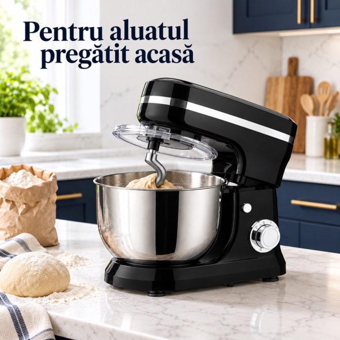 Robot de bucatarie planetar VarioShop®, 3200W, mixer cu bol 6 L, pentru framantat aluaturi, preparat creme si frisca, 6 viteze, functie Pulse, 3 accesorii incluse, capac antistropire, negru-argintiu [3]
