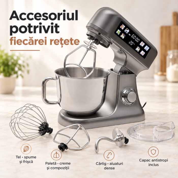 Robot de bucatarie VarioShop®, 2000 W, bol inox 6 L, cantar electronic incorporat, functie de fermentare , 12 viteze, panou LED, tel, mixer si carlig pentru aluat, argintiu [2]