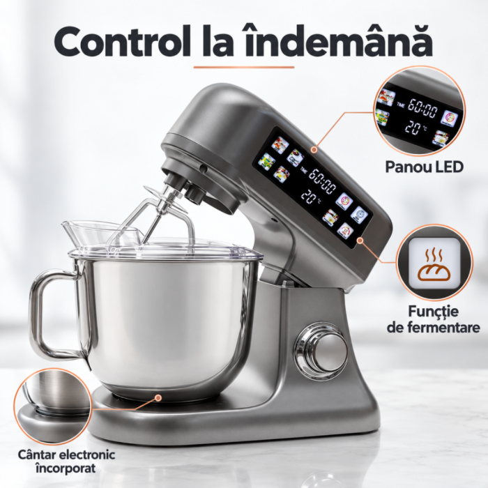Robot de bucatarie VarioShop®, 2000 W, bol inox 6 L, cantar electronic incorporat, functie de fermentare , 12 viteze, panou LED, tel, mixer si carlig pentru aluat, argintiu [6]