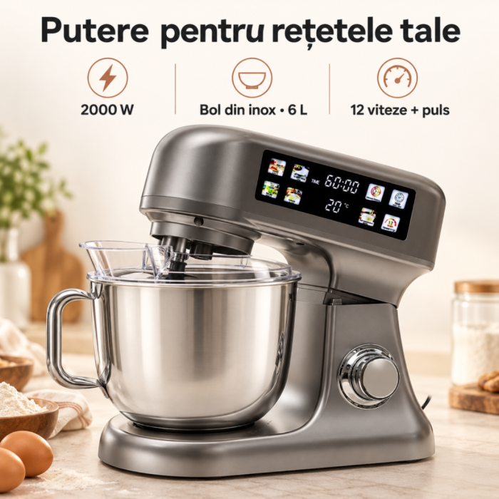 Robot de bucatarie VarioShop®, 2000 W, bol inox 6 L, cantar electronic incorporat, functie de fermentare , 12 viteze, panou LED, tel, mixer si carlig pentru aluat, argintiu [4]