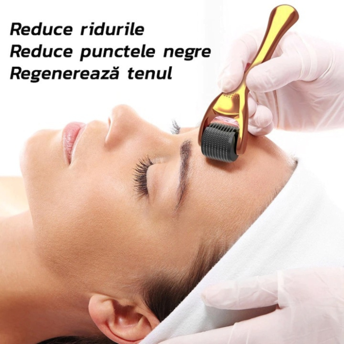 Rola dermatologica VarioShop®, pentru masaj facial, dermaroller 3 in 1, mezoterapie cu ace, pentru riduri, cicatrici, vergeturi, Auriu [5]
