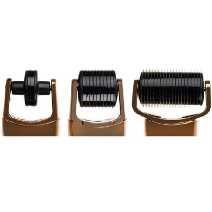 Rola dermatologica VarioShop®, pentru masaj facial, dermaroller 3 in 1, mezoterapie cu ace, pentru riduri, cicatrici, vergeturi, Auriu [3]