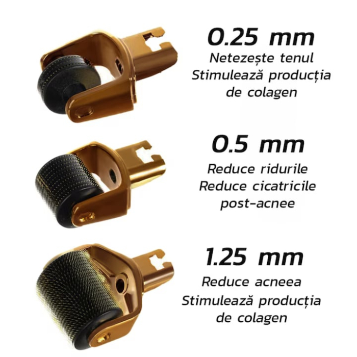 Rola dermatologica VarioShop®, pentru masaj facial, dermaroller 3 in 1, mezoterapie cu ace, pentru riduri, cicatrici, vergeturi, Auriu [7]