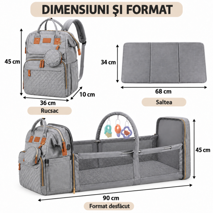 Rucsac mamici VarioShop, pentru organizare si calatorii, cu patut pliabil, saltea, port USB, buzunare termoizolante, poliester, gri [4]