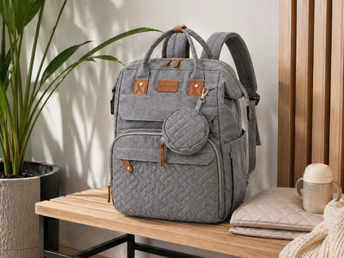 Rucsac mamici VarioShop, pentru organizare si calatorii, cu patut pliabil, saltea, port USB, buzunare termoizolante, poliester, gri [9]