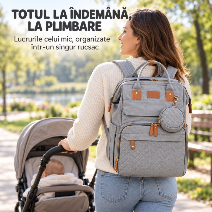Rucsac mamici VarioShop, pentru organizare si calatorii, cu patut pliabil, saltea, port USB, buzunare termoizolante, poliester, gri [5]
