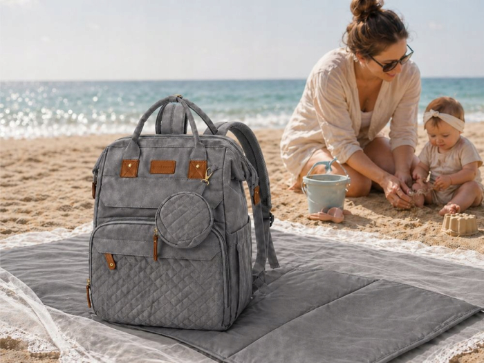 Rucsac mamici VarioShop, pentru organizare si calatorii, cu patut pliabil, saltea, port USB, buzunare termoizolante, poliester, gri [7]