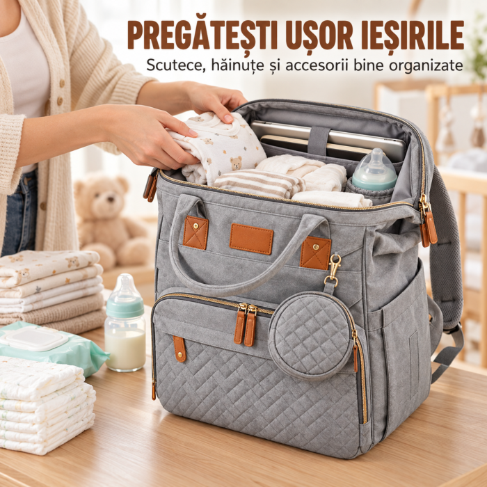 Rucsac mamici VarioShop, pentru organizare si calatorii, cu patut pliabil, saltea, port USB, buzunare termoizolante, poliester, gri [3]