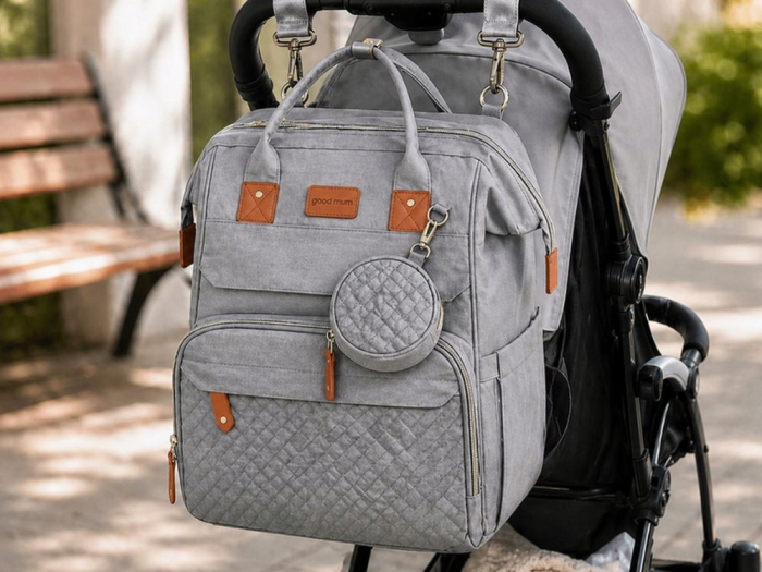 Rucsac mamici VarioShop, pentru organizare si calatorii, cu patut pliabil, saltea, port USB, buzunare termoizolante, poliester, gri [6]