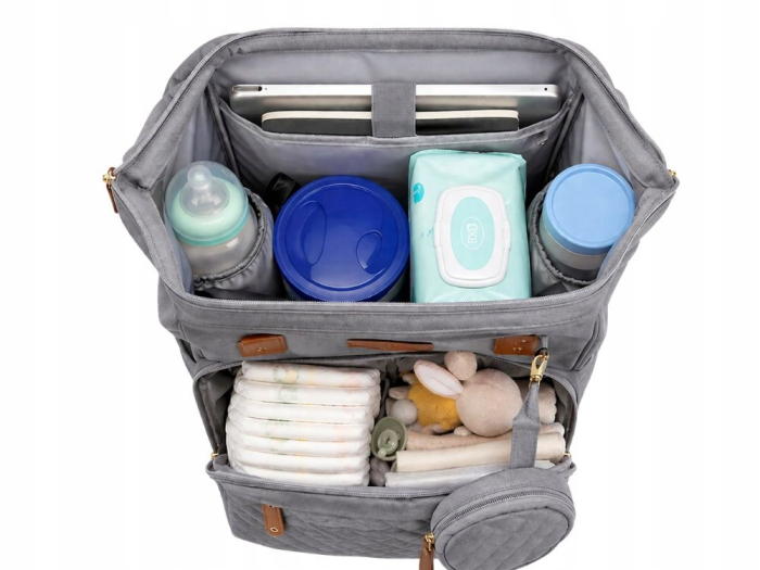 Rucsac mamici VarioShop, pentru organizare si calatorii, cu patut pliabil, saltea, port USB, buzunare termoizolante, poliester, gri [8]