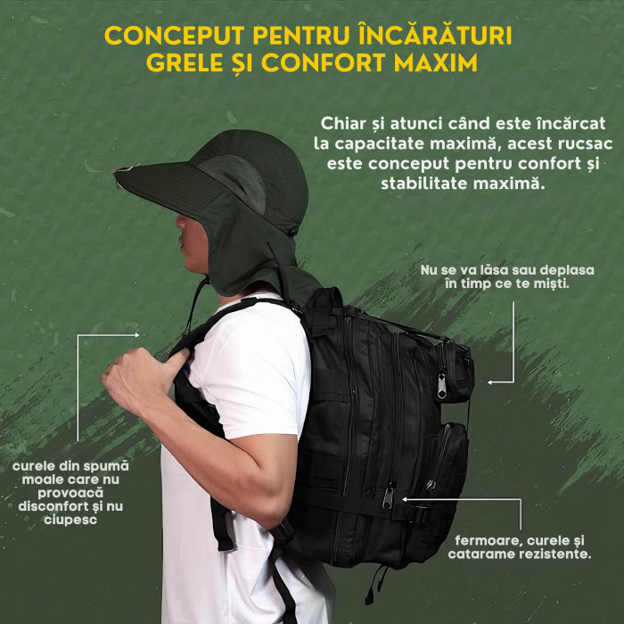 Rucsac militar impermeabil VarioShop®, 5 compartimente, sistem de eliberare rapida, ajustare completa, material durabil, potrivit pentru calatorii, excursii, drumetii, 38 l, 29 x 37 x 50 cm, Negru [5]