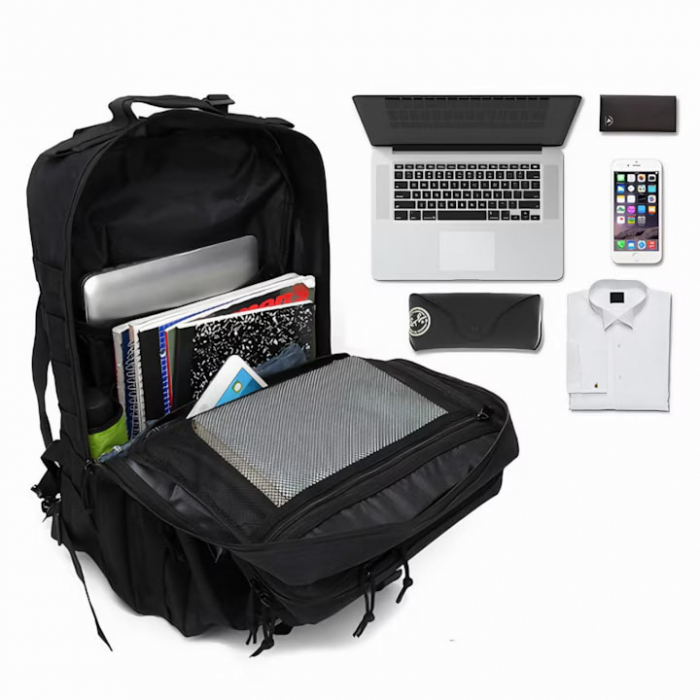 Rucsac militar impermeabil VarioShop®, 5 compartimente, sistem de eliberare rapida, ajustare completa, material durabil, potrivit pentru calatorii, excursii, drumetii, 26 L, 44 x 24 x 20 cm, Negru [16]