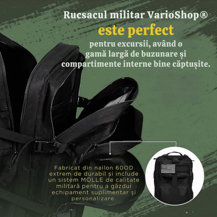 Rucsac militar impermeabil VarioShop®, 5 compartimente, sistem de eliberare rapida, ajustare completa, material durabil, potrivit pentru calatorii, excursii, drumetii, 26 L, 44 x 24 x 20 cm, Negru [2]