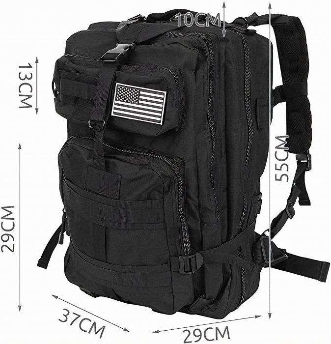 Rucsac militar impermeabil VarioShop®, 5 compartimente, sistem de eliberare rapida, ajustare completa, material durabil, potrivit pentru calatorii, excursii, drumetii, 38 l, 29 x 37 x 50 cm, Negru [8]