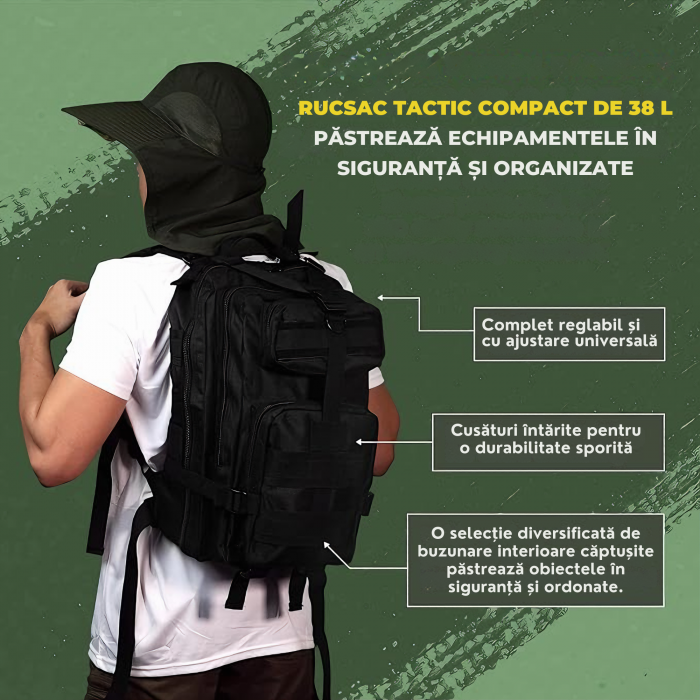 Rucsac militar impermeabil VarioShop®, 5 compartimente, sistem de eliberare rapida, ajustare completa, material durabil, potrivit pentru calatorii, excursii, drumetii, 38 l, 29 x 37 x 50 cm, Negru [6]