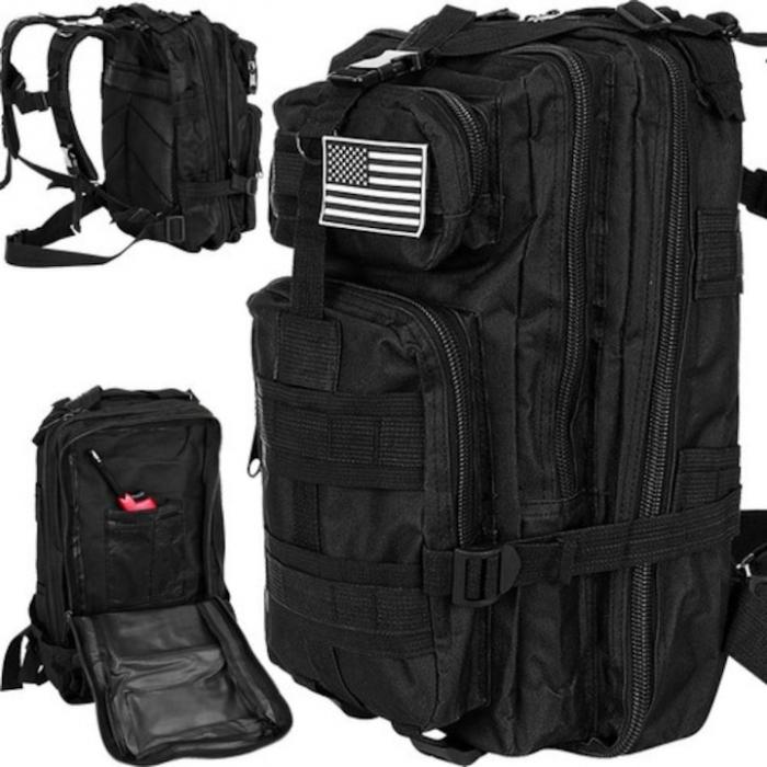 Rucsac militar impermeabil VarioShop®, 5 compartimente, sistem de eliberare rapida, ajustare completa, material durabil, potrivit pentru calatorii, excursii, drumetii, 26 L, 44 x 24 x 20 cm, Negru [10]