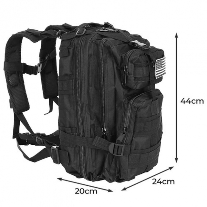 Rucsac militar impermeabil VarioShop®, 5 compartimente, sistem de eliberare rapida, ajustare completa, material durabil, potrivit pentru calatorii, excursii, drumetii, 26 L, 44 x 24 x 20 cm, Negru [11]