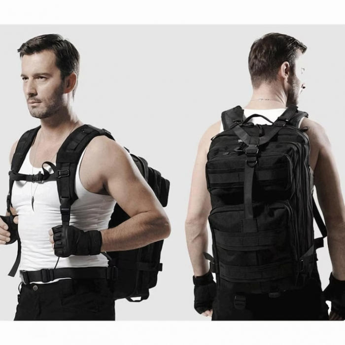 Rucsac militar impermeabil VarioShop®, 5 compartimente, sistem de eliberare rapida, ajustare completa, material durabil, potrivit pentru calatorii, excursii, drumetii, 26 L, 44 x 24 x 20 cm, Negru [14]