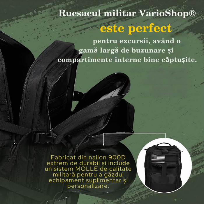 Rucsac militar impermeabil VarioShop®, 5 compartimente, sistem de eliberare rapida, ajustare completa, material durabil, potrivit pentru calatorii, excursii, drumetii, 38 l, 29 x 37 x 50 cm, Negru [4]