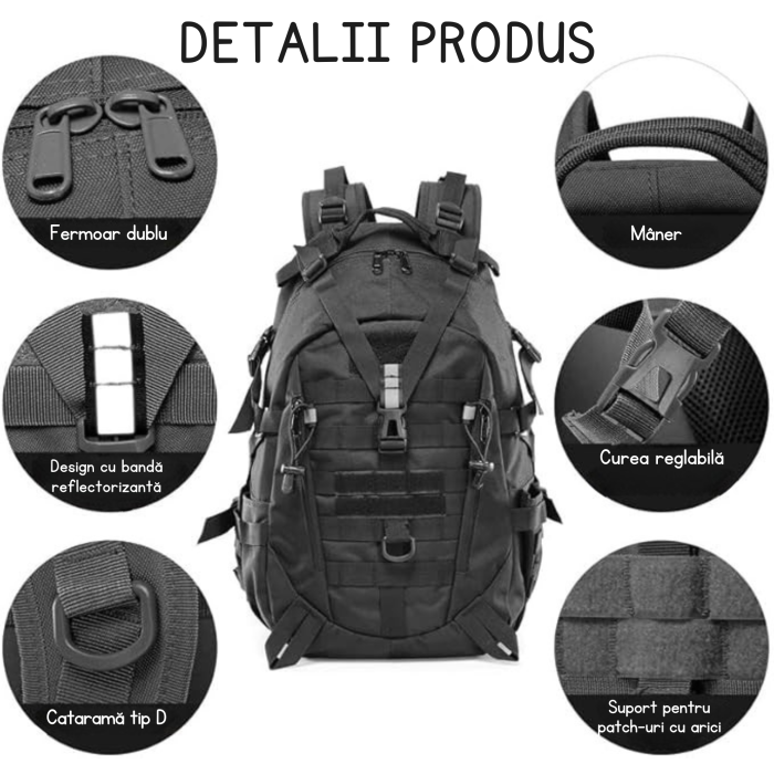 Rucsac militar/turistic 25l VarioShop®, cu husa de ploaie inclusa, material Oxford 900D, sistem MOLLE, catarame eliberare rapida, curele reglabile, ideal pentru drumetii si camping, Negru [12]