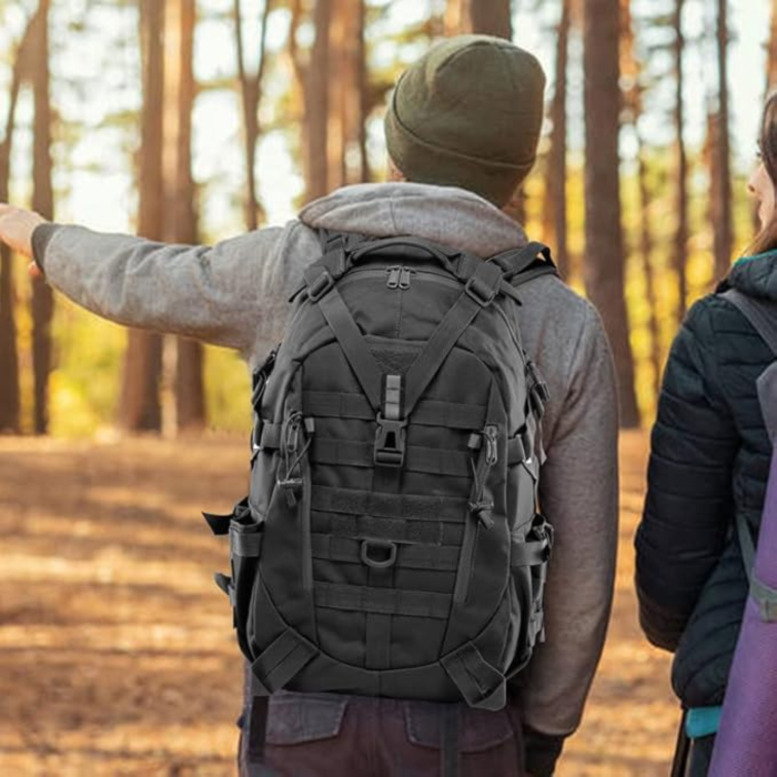 Rucsac militar/turistic 25l VarioShop®, cu husa de ploaie inclusa, material Oxford 900D, sistem MOLLE, catarame eliberare rapida, curele reglabile, ideal pentru drumetii si camping, Negru [2]