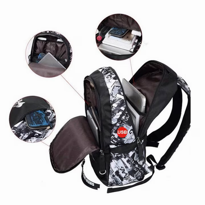 Rucsac Scolar Multifunctional VarioShop® cu Design Fosforescent, Material Rezistent la Apa, Porturi USB si AUX, Bretele Reglabile, Compartiment Laptop, Capacitate 35L, Dimensiuni 43x34x16 cm, Potrivit [5]