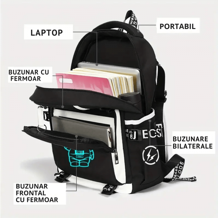 Rucsac Scolar Multifunctional VarioShop® cu Imprimeu Astronaut si cu Design Fosforescent, Material Rezistent la Apa, Bretele Reglabile, Compartiment Laptop, Dimensiuni 44x30x14 cm, Potrivit pentru Sco [17]