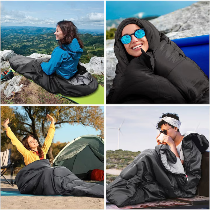 Sac de dormit 2 în 1 VarioShop®, negru, cu glugă și funcție pilotă, 210x75 cm – ideal pentru camping, drumeții și outdoor [2]