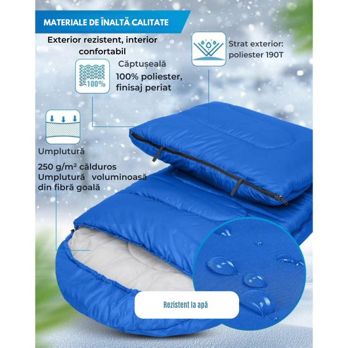 Sac de dormit 2 în 1 VarioShop®, cu glugă și funcție pilotă, albastru, 210x75 cm – ideal pentru camping, drumeții și outdoor [3]