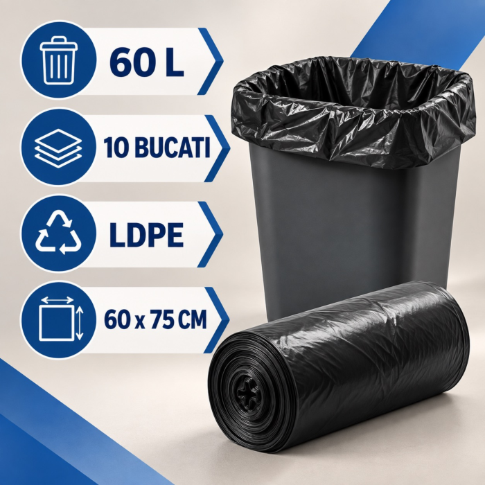 Saci menajeri VarioShop®, pentru utilizare casnica si curatenie, impermeabili, 60L, 10 bucati, 60 x 75 cm, negru [2]