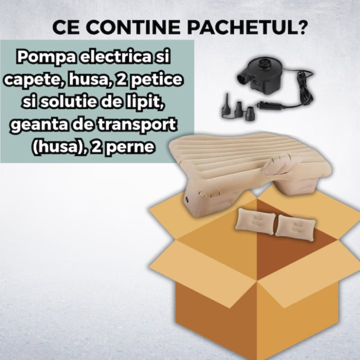 Saltea auto gonflabila cu suport integrat VarioShop®, pompa electrica 12V, 2 perne si husa, pat portabil pentru masina, sarcina maxima 300 kg, ideala pentru calatorii si camping, 130 x 80 cm, Bej [3]