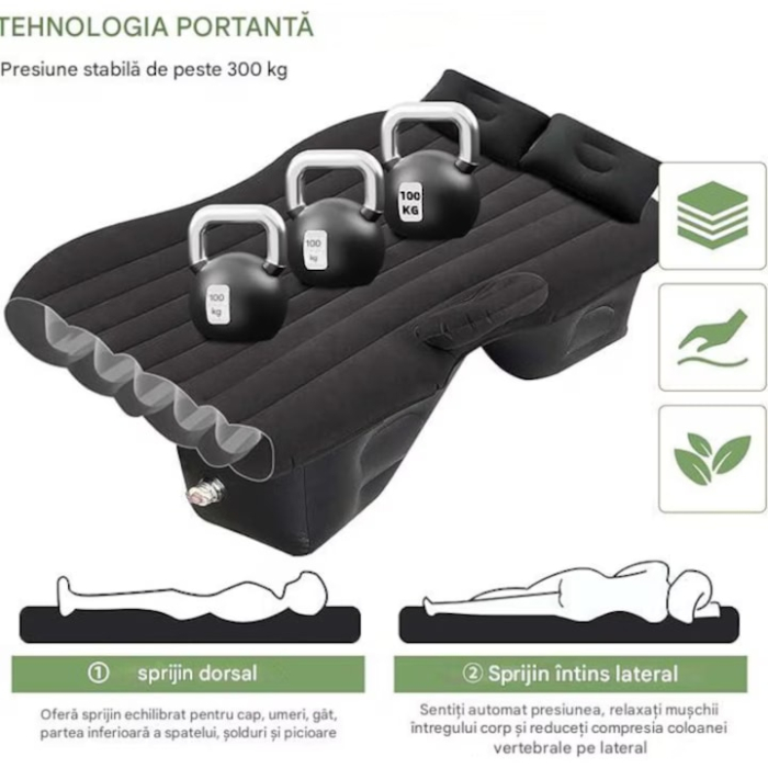 Saltea auto gonflabila cu suport integrat VarioShop®, pompa electrica 12V, 2 perne si husa, pat portabil pentru masina, sarcina maxima 300 kg, ideala pentru calatorii si camping, 130 x 80 cm, Negru [4]