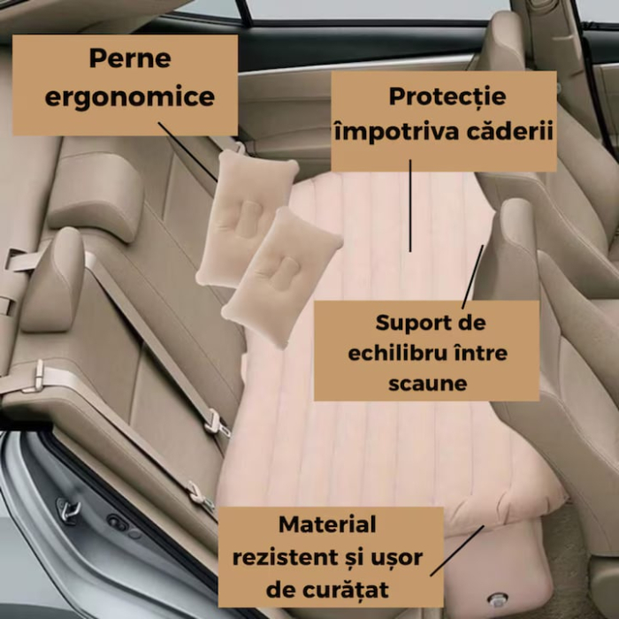 Saltea auto gonflabila cu suport integrat VarioShop®, pompa electrica 12V, 2 perne si husa, pat portabil pentru masina, sarcina maxima 300 kg, ideala pentru calatorii si camping, 130 x 80 cm, Bej [4]